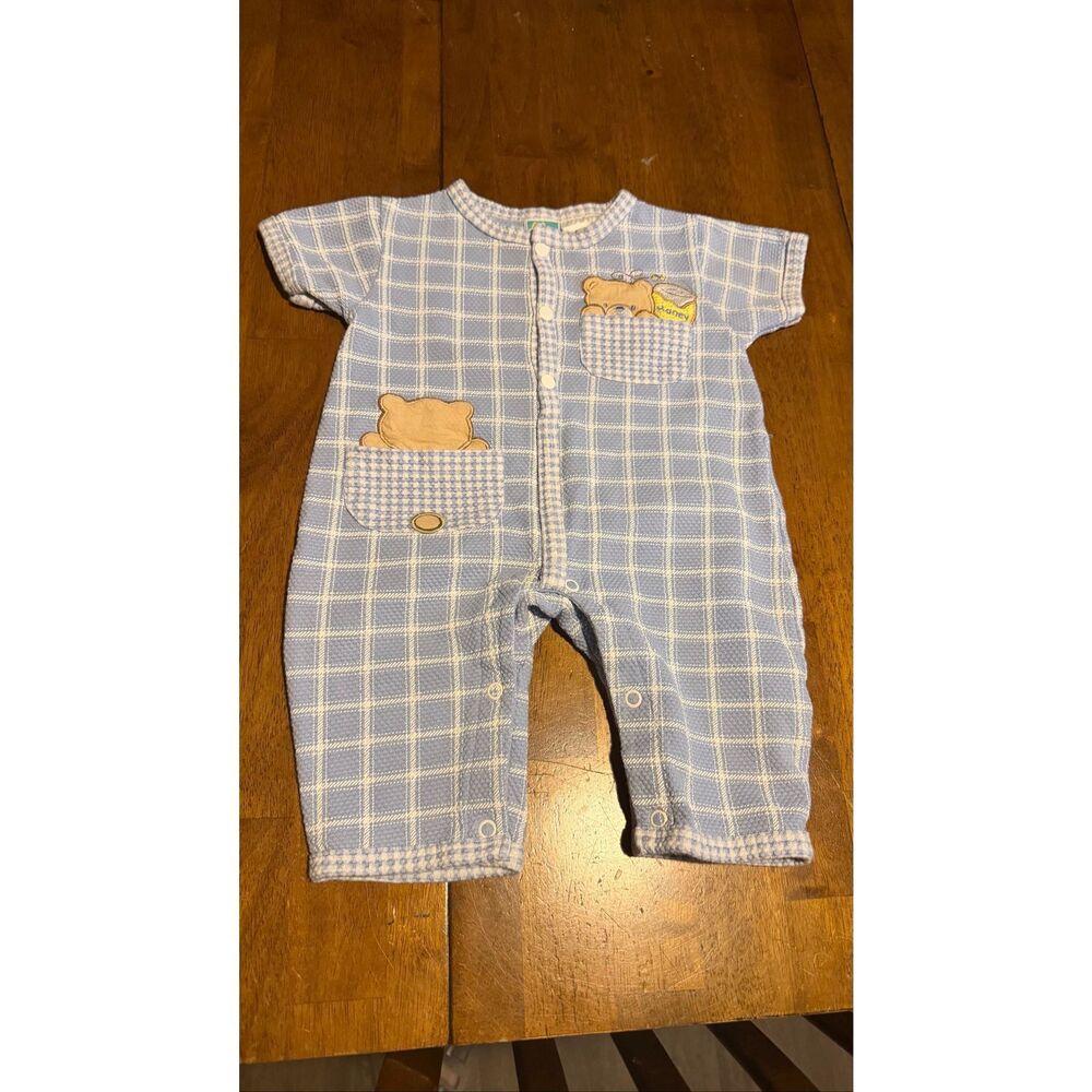 Vtg Mcbaby Smocked Cotton Baby Blue Bears Print Romper Outfit Snaps 0-3 Months